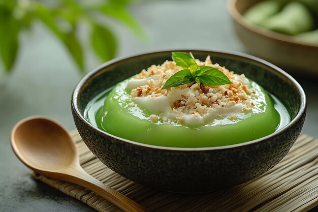 Closeup of Green Pandan Pudding with Coconut Flakes and a Mint Leaf in a Ceramic Bowl