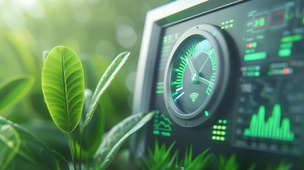 Photo a closeup of a green plant next to a digital gauge symbolizing environmental monitoring and sustainable technology