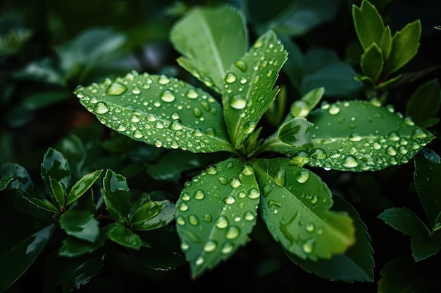 Closeup of green plant with dew drops on leaves