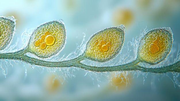 Photo closeup of a green plant with yellow orbs under a microscope