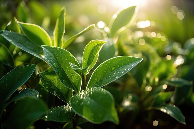 Closeup of green plants with water droplets and sunlight shining through