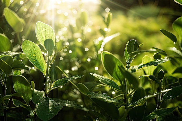 Closeup of green plants with water droplets and sunlight shining through