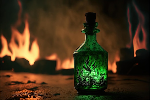 Closeup of green potion glass bottle with blurred fire in background created with generative ai