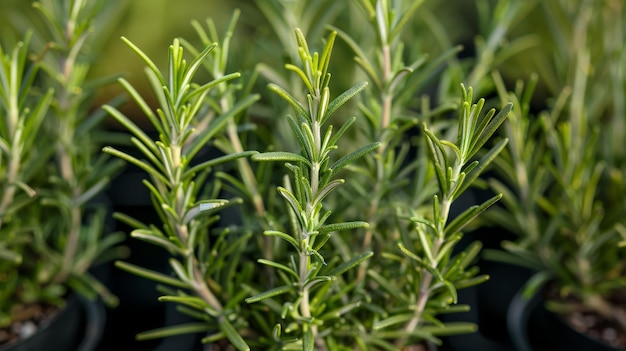 Photo closeup of green rosemary plants growing in black pots highlighting fresh and aromatic herbal foliage