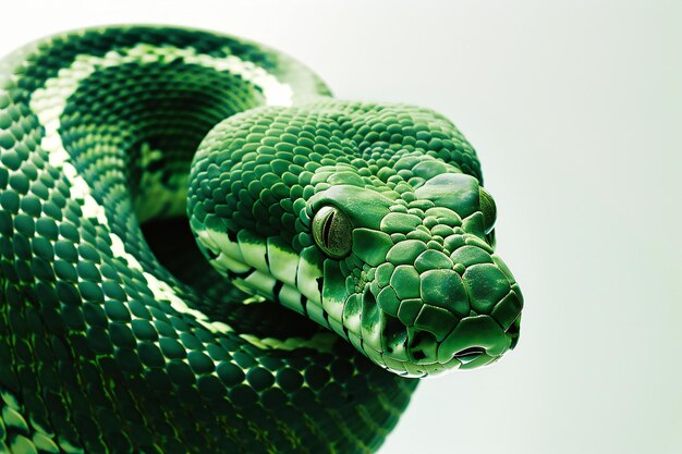 Closeup of a green snake head on a white background