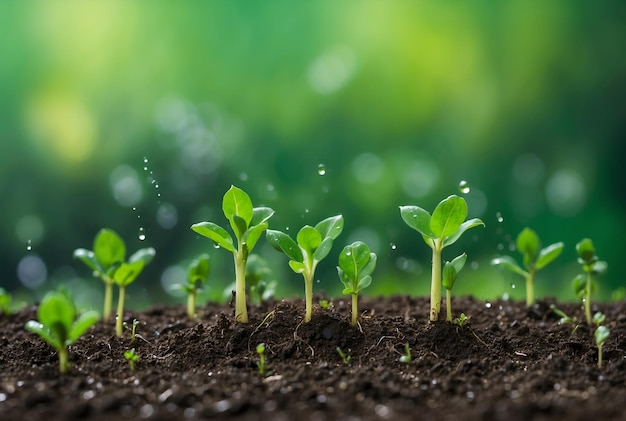 Closeup green sprouts in the ground with water raindrop and blurred green nature bokeh background