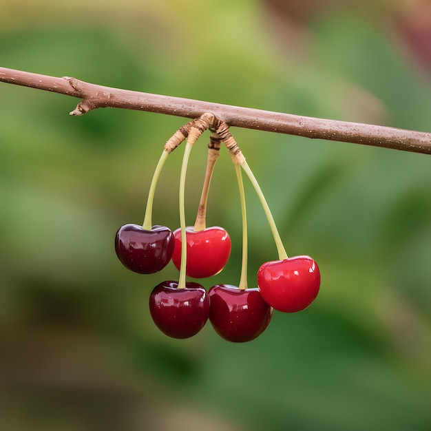 Closeup of green sweet cherry tree branches with ripe juicy berries in garden Harvest time