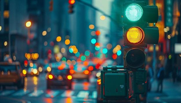 Photo closeup of green traffic light amidst blurred city traffic and soft ambient light