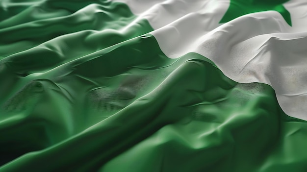 A closeup of a green and white flag with a single green star waving in the wind