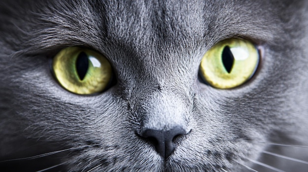 Closeup Grey British Cat Face with Green Eyes