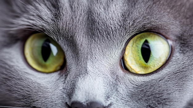 Closeup Grey British Cat with Green Eyes