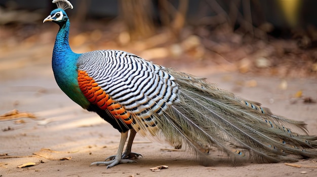 CloseUp Grey PeacockPheasant Bird Feathers in China Standing on Ground with Beautiful Peacock