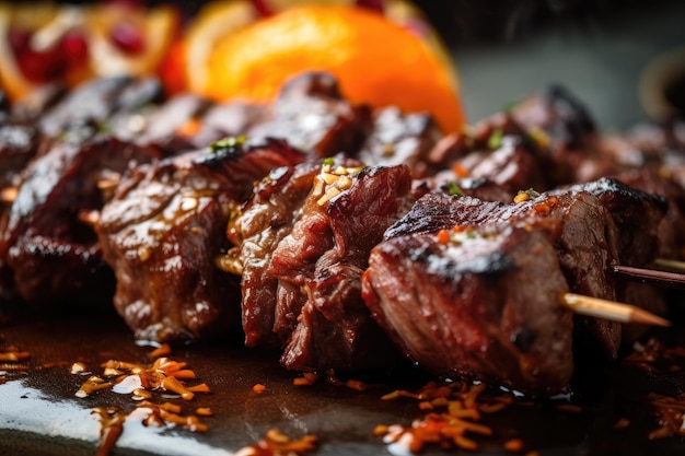 Closeup of grilled beef shishkabob with juices dripping and sizzling created with generative ai