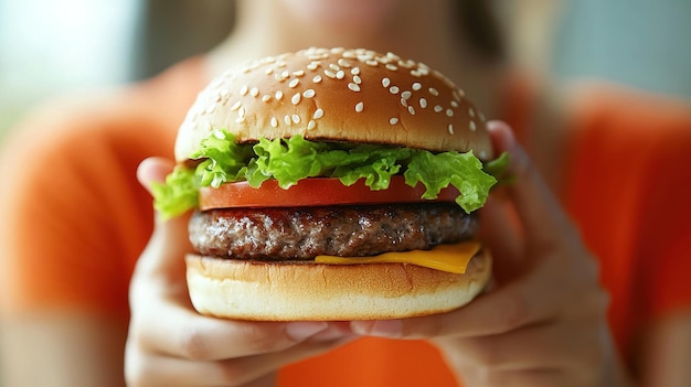 A closeup of a grilled burger with lettuce tomato and cheese