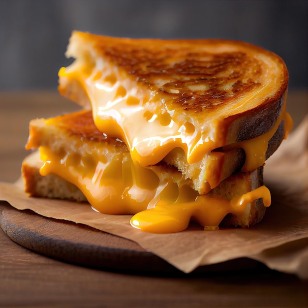 Closeup of a grilled cheese with melted cheese in a wood plate homemade grilled cheese sandwich fo