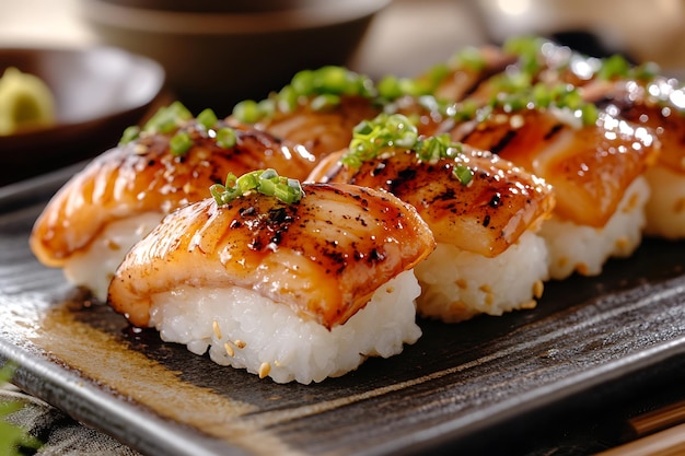 Closeup of Grilled Eel Sushi Nigiri with Green Onion Garnish on a Black Plate