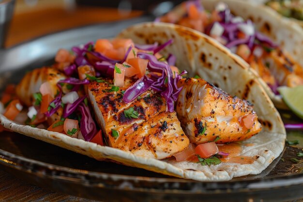 Photo closeup of grilled fish tacos with red cabbage tomato and cilantro