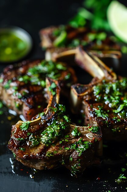 Photo closeup of grilled lamb chops with fresh herbs and a drizzle of oil