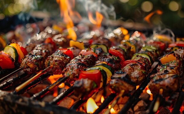 Closeup of Grilled Meat and Vegetable Skewers on a Barbecue with Flames