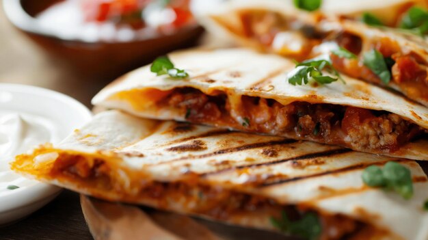 Photo closeup of grilled quesadilla slices filled with meat cheese and vegetables garnished with cilantro accompanied by a side dish of sour cream