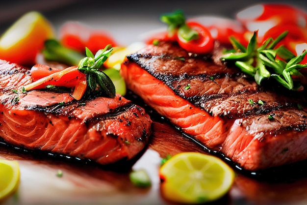 Closeup grilled salmon fish steak