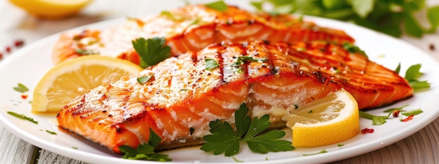 closeup of grilled salmon on a plate Selective focus