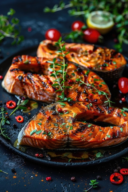 closeup of grilled salmon on a plate Selective focus