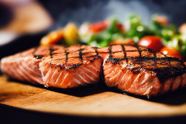 Closeup grilled salmon steak and vegetable