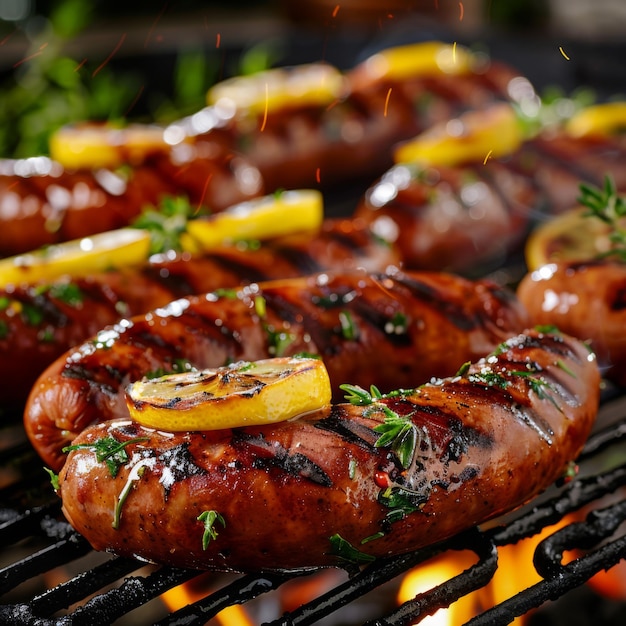 Closeup of Grilled Sausages with Lemon Slices and Herbs