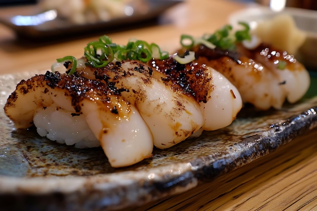 Closeup of Grilled Scallop Sushi with Green Onions