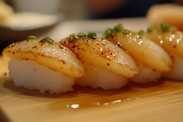 Closeup of Grilled Scallops on Sushi Rice with Green Onion Garnish