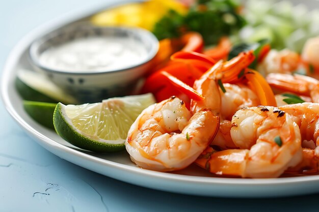 Closeup of Grilled Shrimp with Lime and Sauce