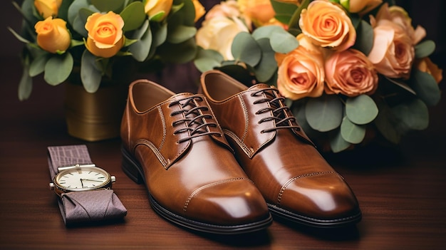 CloseUp of the Groom's Accessories Bow Tie Leather