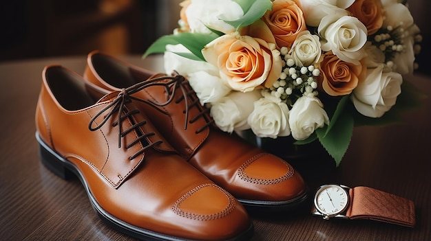 CloseUp of the Groom's Accessories Bow Tie Leather