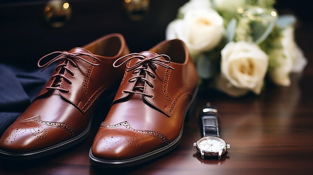 CloseUp of the Groom's Accessories Bow Tie Leather