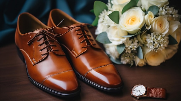 CloseUp of the Groom's Accessories Bow Tie Leather