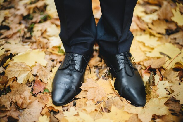 Closeup groom's wedding shoes on the ground with golden leafs in autumn