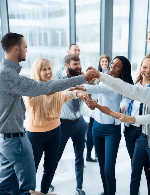 Photo closeup a group of colleagues in a modern office each holding hands in a show of solidarity