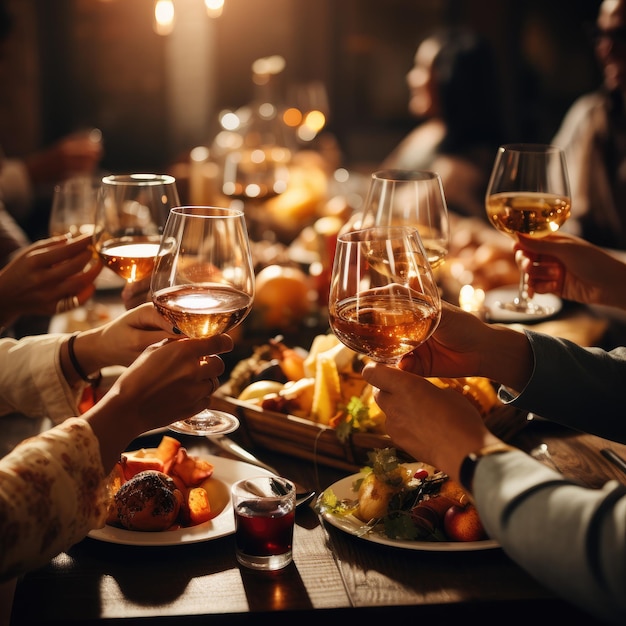 Closeup of group of people toasting with wine glasses at festive dinner