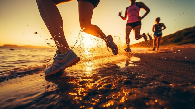 Closeup of a group of runners running at sunrise Generative AI