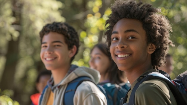 Closeup of a group of teenagers hiking in nature learning about conservation and sustainability