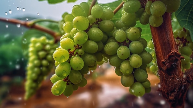 closeup of growing grape vine with a rain drops