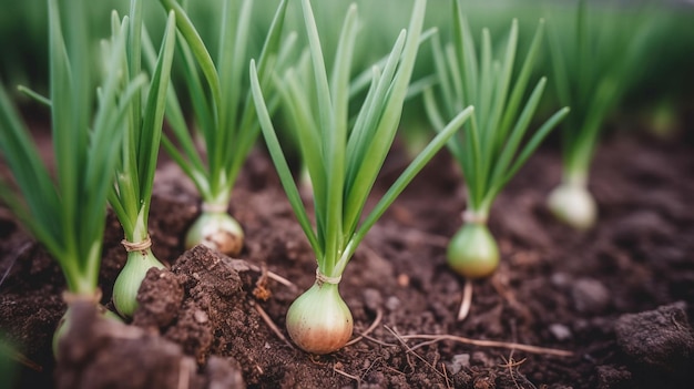 closeup of growing green onion in the vegetable garden