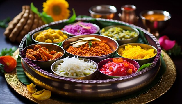 a closeup of a Gudi Padwa thali plate arranged with traditional items