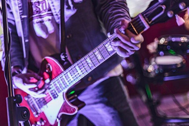 Closeup of a guitar being played live