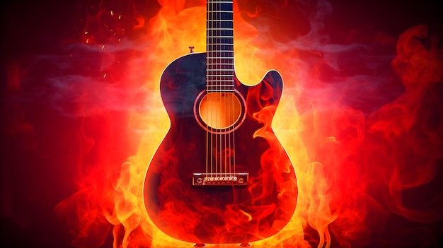 Closeup of guitar made of fire with dark background