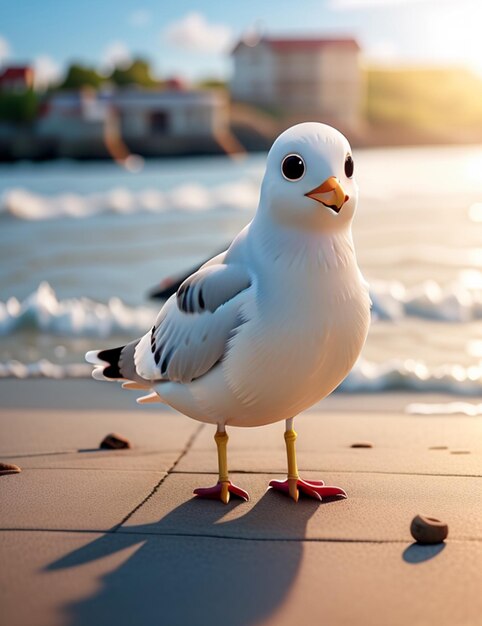 Photo closeup of a gull on the ground under the sunlight on a blurry scene