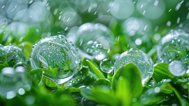 Closeup of Hailstorms aftermath on Green Garden Plants Ice Balls after SpringSummer Thunderstorm