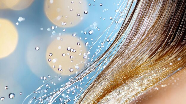 Photo closeup of hair with water droplets and shimmering bokeh lights