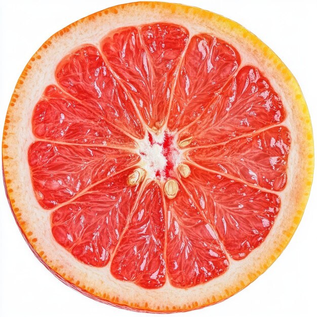 A closeup of a halved grapefruit with a white background